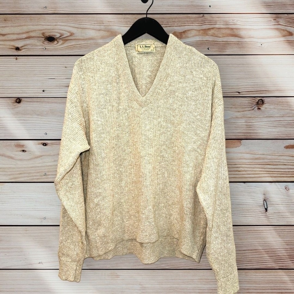 D3 Vintage 70s LL Bean Men's Large Cotton Rayon Jute Knit V-Neck Sweater Tan USA